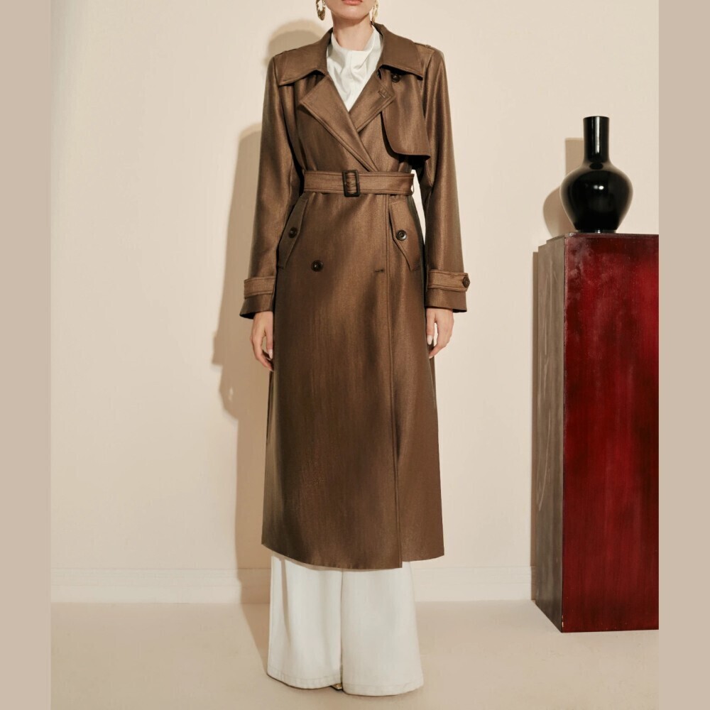 Bronze Satin Sheen Double Breasted Belted Midi Trench Coat